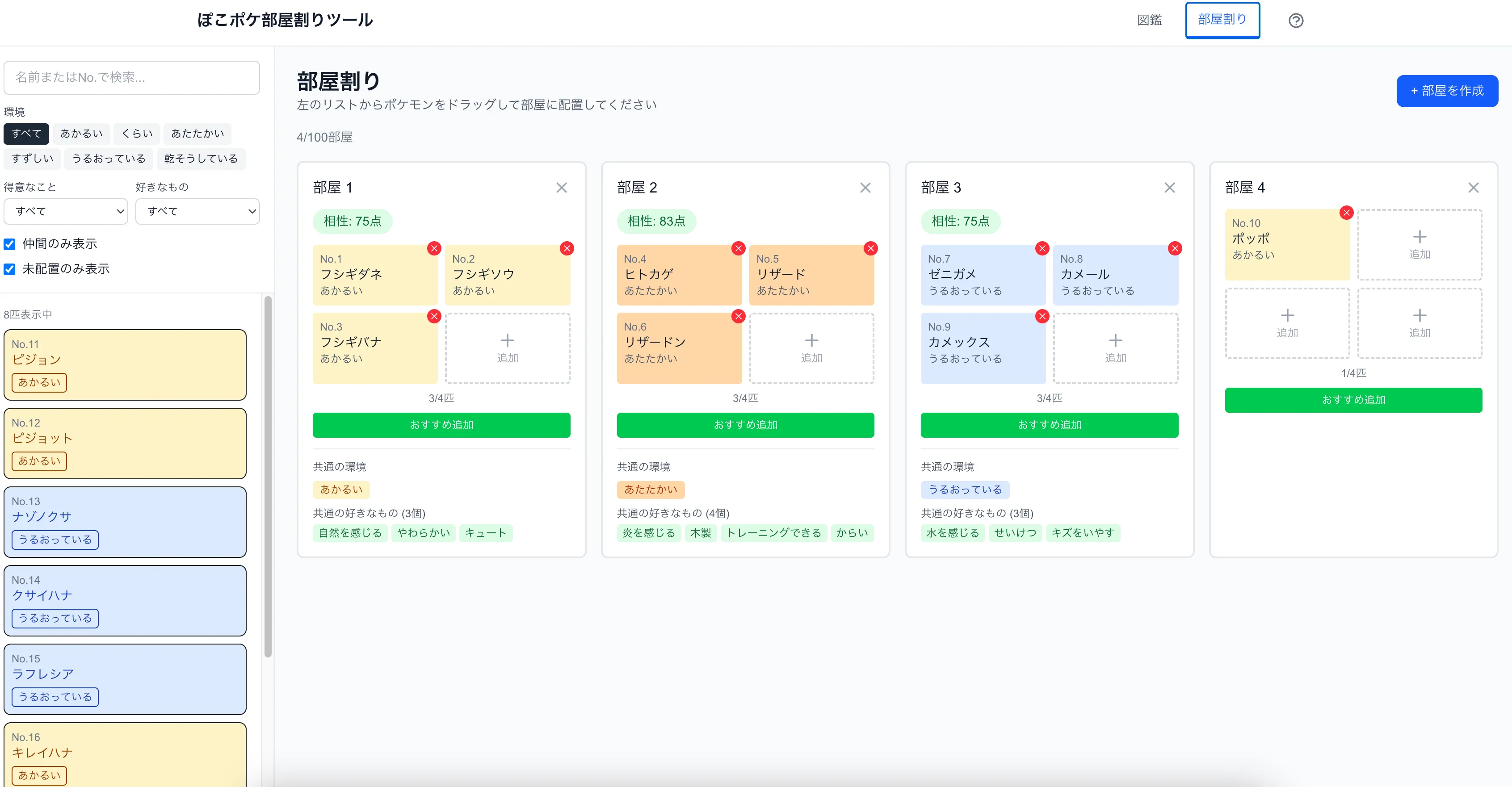 部屋割りページ。部屋ごとの相性スコアと、共通の環境・好きなものが表示されている
